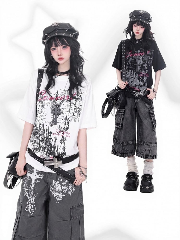 Black Crew Neck Short Sleeve T-Shirt with Gothic Print - KNOW8 Online Shop