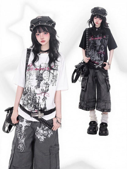 Black Crew Neck Short Sleeve T-Shirt with Gothic Print - KNOW8 Online Shop