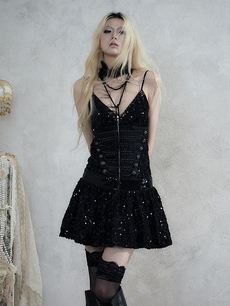 Black Double-Breasted Cami Dress with Sequin Details - NO ROMANCE