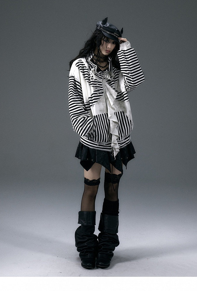 Black and White Stripe Print Jacket with Flounce Hem