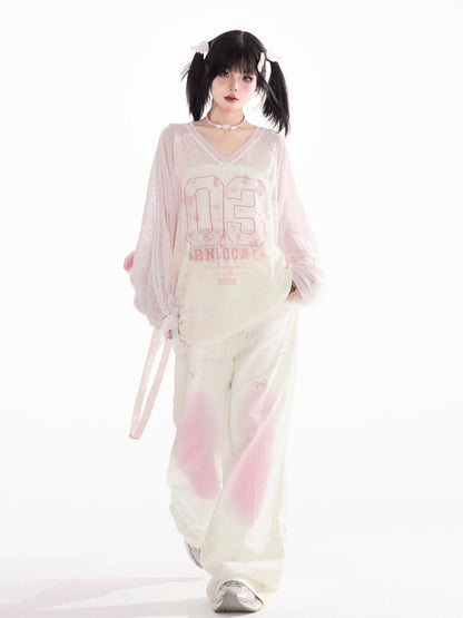 ピンクのオンブレローアプリコットリボンプリントワイドレッグパンツウエスト