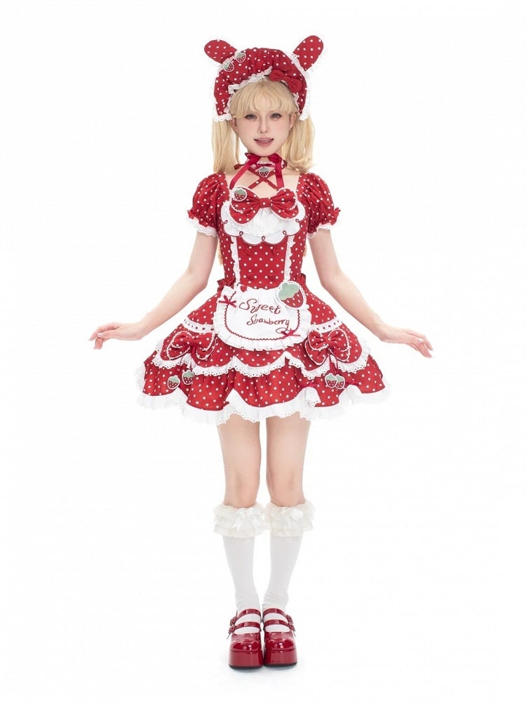 Hairband Retro Themed with Bow Dress Strawberry Ear + Bunny Details OP Polka Lolita Lace Red and Dot