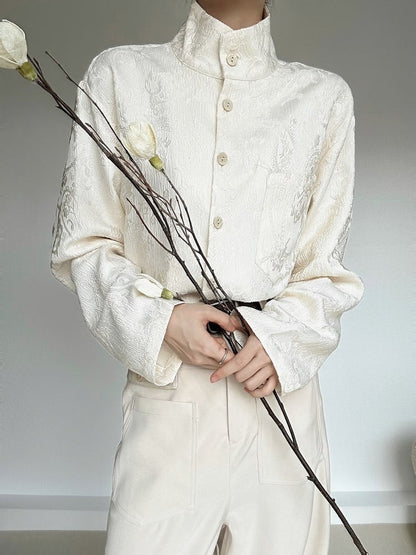 Mandarin Floral Embroidery Shirt Long-Sleeve Collar with Lolita Apricot Ouji