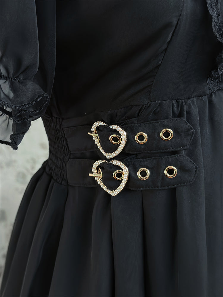 Hem Ruffles Tiered Dress Jirai Kei Black Chiffon Heart Buckles Waist