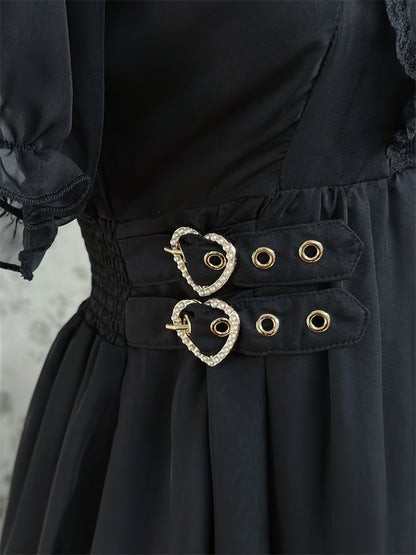 Hem Ruffles Tiered Dress Jirai Kei Black Chiffon Heart Buckles Waist
