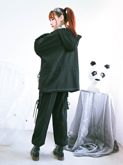 Black Cape 3D Drawstring Gothic Butterfly Pockets Crisscross with Hooded Embroidery Fleece-Lined Jacket