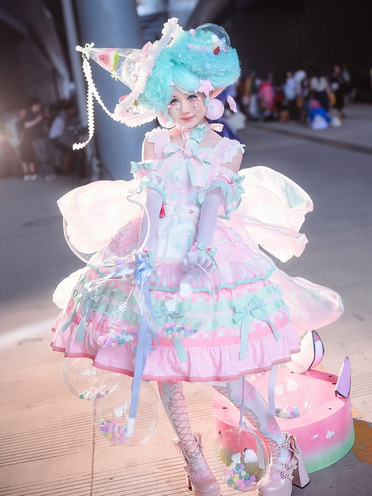 Volle Wassermelone und gestufter süßer rosa Akzentrock Lolita Set Cake Bow Grün JSK