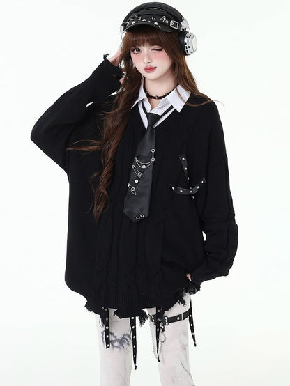 ディストレストリムフェイクツーピースプレッピーセーター（フリータイ付き）