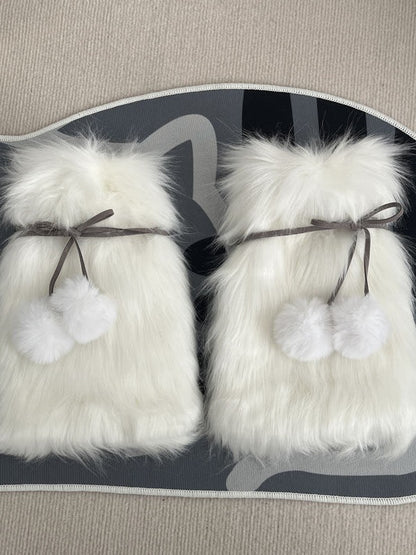 Faux Fur Pompom Ribbon Bow Leg Warmers 3-Color - Two Bear Pink