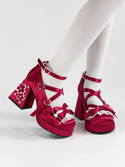 Bow Heel - Heart Satin with in High Janes Red Themed Accents Sakura Snap Block Mary