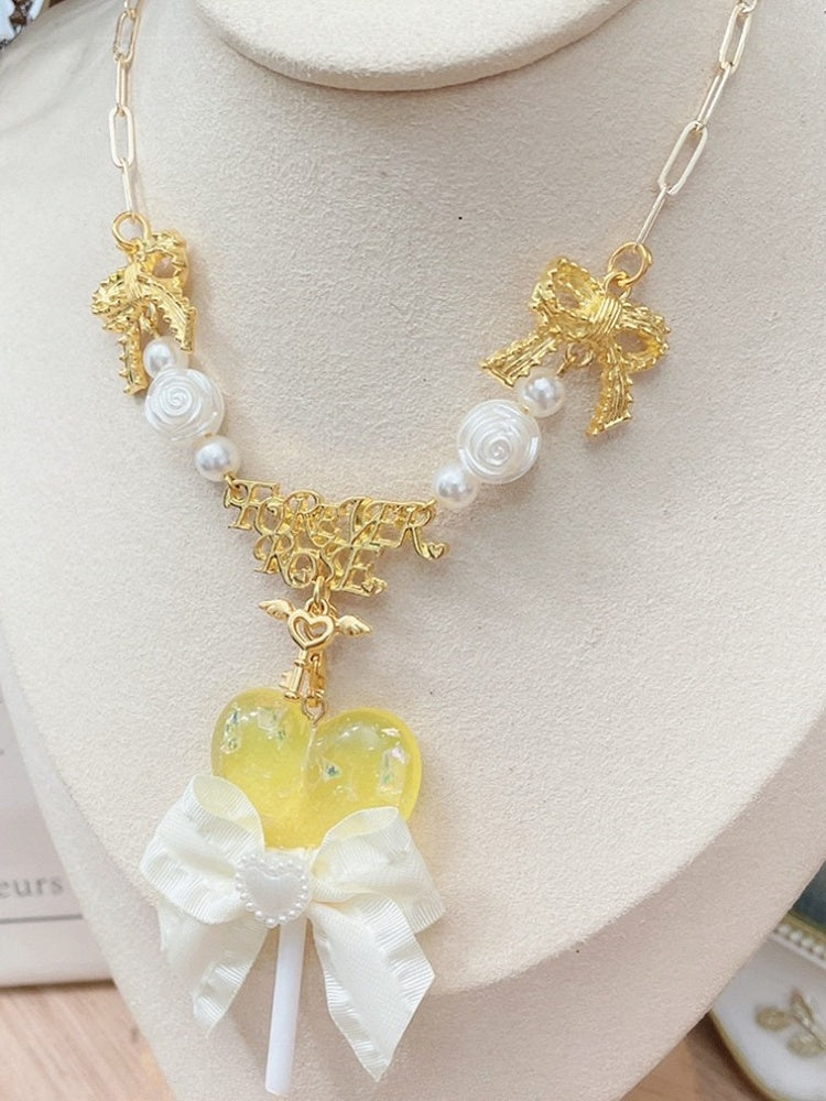 ネックレス 蝶結び 装飾ペンダント イエロー/ピンク/パープル ロリポップ ビーズ