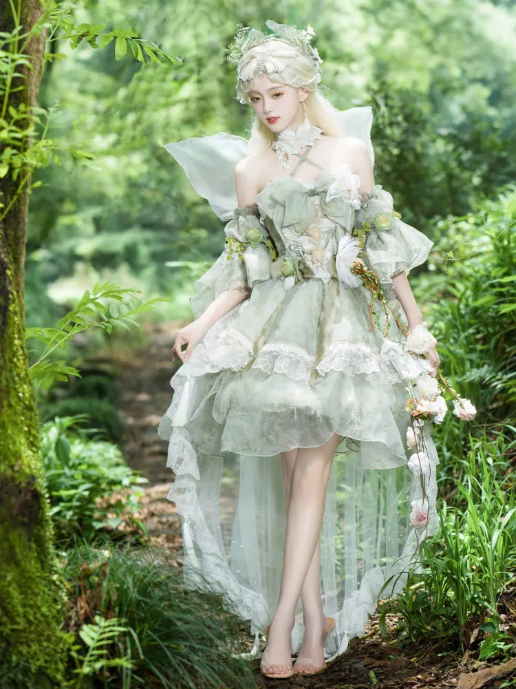 Set Decorated Princess Fairy Dress Flowers Lolita Butterfly JSK Light Full Green Forest