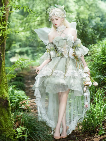 Set Decorated Princess Fairy Dress Flowers Lolita Butterfly JSK Light Full Green Forest