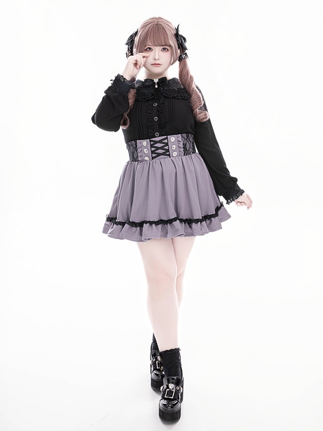 Long Black with Sleeve Lace Kei Detailed Collar Square Beadwork Jirai Blouse Dark Sweetheart