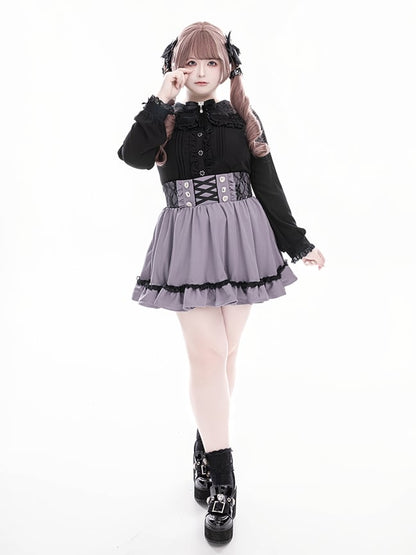 Long Black with Sleeve Lace Kei Detailed Collar Square Beadwork Jirai Blouse Dark Sweetheart