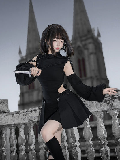 Gothic Lolita Dress & Short Pants Set - Asymmetrical with Detachable Sleeves - Unknown Star