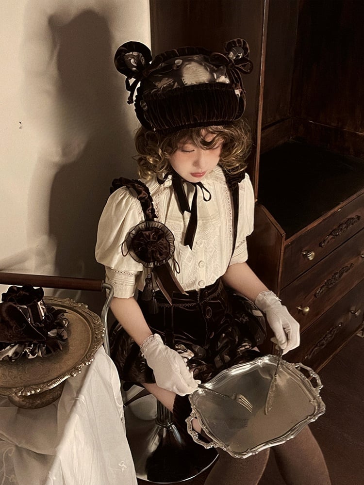 Shoulder Ruffled Gothic Straps with Brown Lolita Printed Bloomers