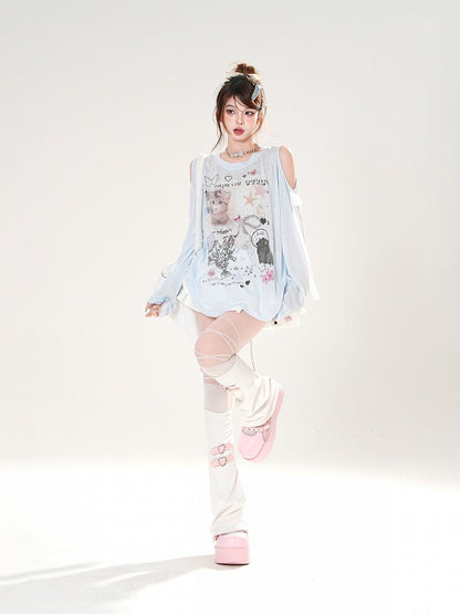 カットアウトセミシースルーショルダーキュートカバーアップブルー/ホワイトキティプリント