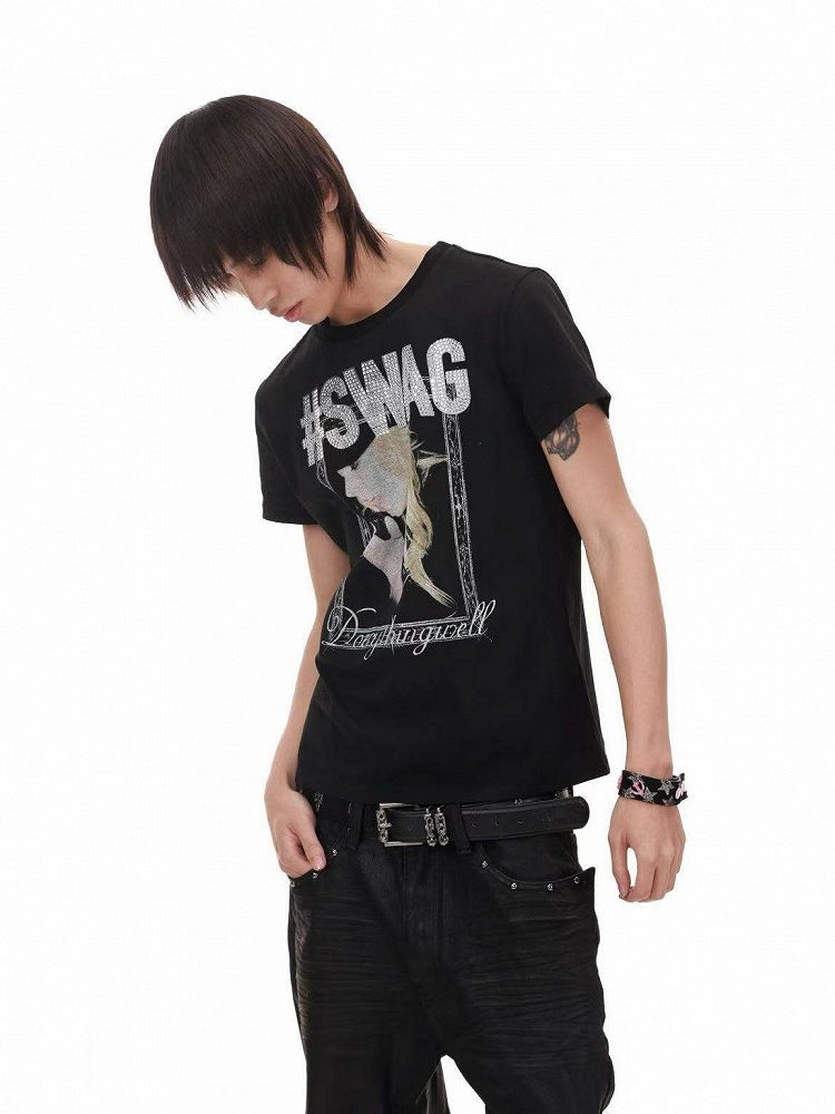 Genderless Punk Black Tee with Girl Rhinestone Print - DETW OnLine