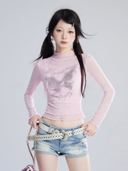 ピンク/ホワイトのセミシースルートップス、バタフライプリント、レタスヘムメッシュ