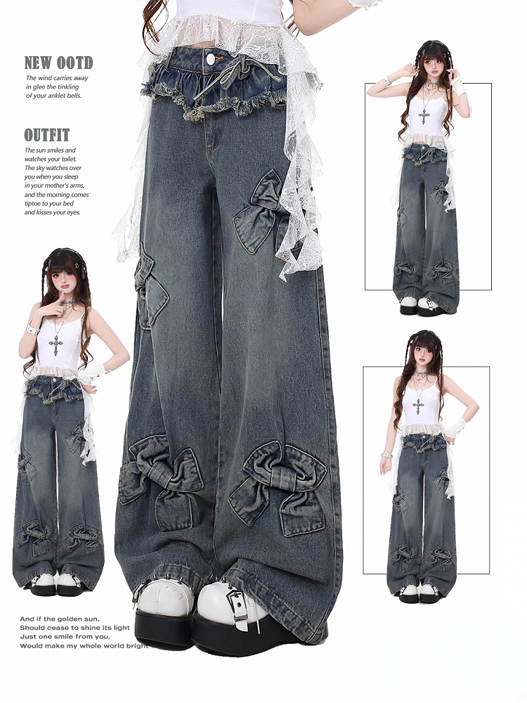 Hem Blue Big Bows Raw Wide-Leg Jeans