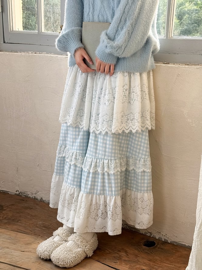 Blue and White High-Waisted Lace Patchwork Plaid Mori Kei Skirt