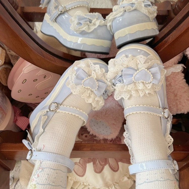 Trim Shoes - Light Strap Lolita Bow Scalloped Sweet Round-Toe Accents Blue Platform