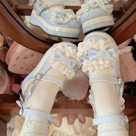 Trim Shoes - Light Strap Lolita Bow Scalloped Sweet Round-Toe Accents Blue Platform