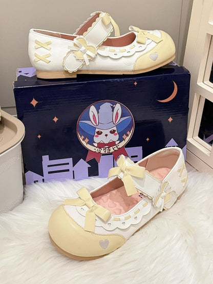 Sweet Edging Bow Yellow Scalloped with PU Mary Lolita Heart - Accents Leather Details Janes