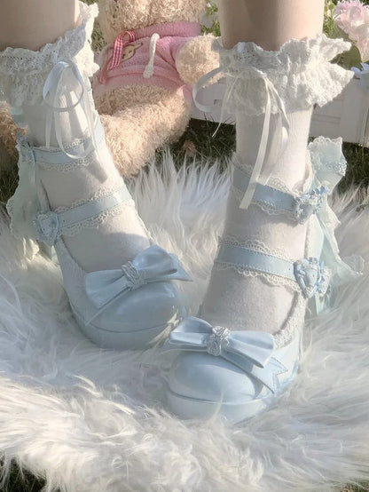with Design Romantic Clasp in High Heels PU Openwork Lolita Sweet Floral Block Blue Heel