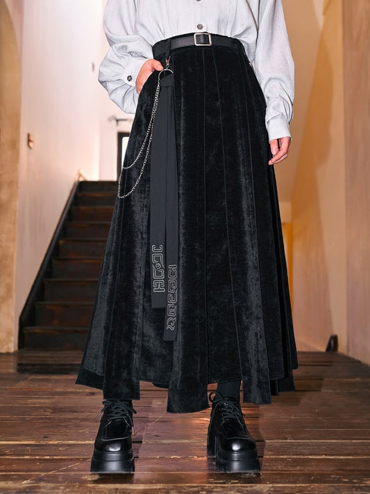 Bronze Skirt Maxi Ribbon + Patchwork Chain Detachable Iregular Hem Waist Black Cheongsam with Embroidered