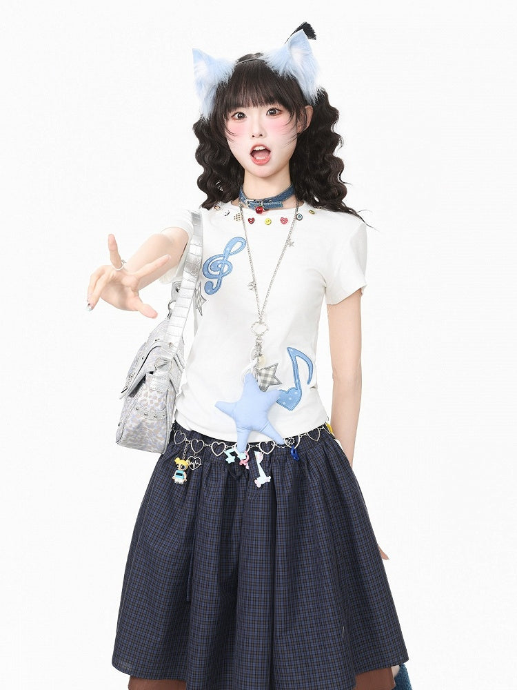 Kawaii White Slim Crewneck Tee with Music Note Embroidery and Button Accents - Languid Park