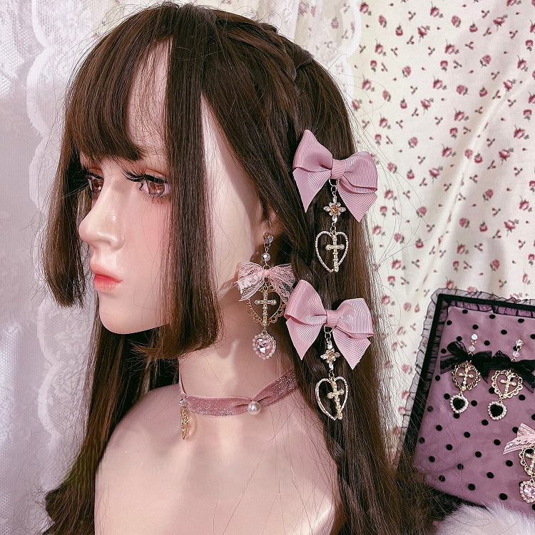 Pendant Heart 2 Bow Studs with Ear Lace Cross Options
