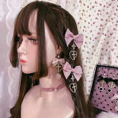 Pendant Heart 2 Bow Studs with Ear Lace Cross Options
