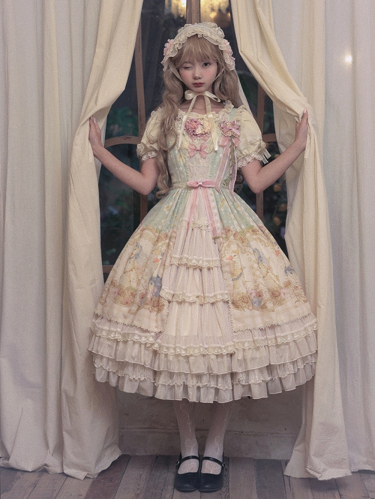 Light Print Jumper Sunflowers Sweet and Skirt Farm Green Lolita Ducks