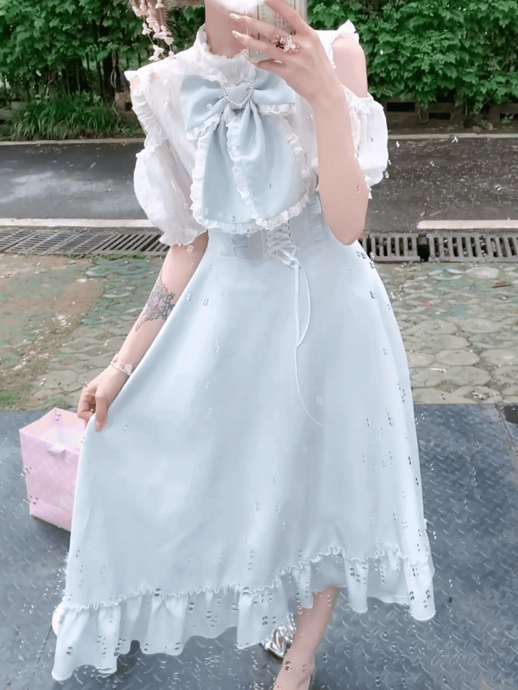 High-Waisted with Blue Light Landmine Maxi Shoulder Open Style Dress