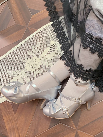 and Star with Bow Silver Buckles Shoes High-heel 6.5cm Details Sweet