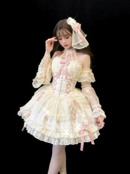 Cross Belle Elfenbein und Rosa Korsettkleid Neckholder Balletcore Lolita JSK