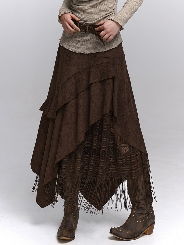 Suede Skirt Handkerchief Coffee Fringe Wasteland Punk A-Line Millard Hem with