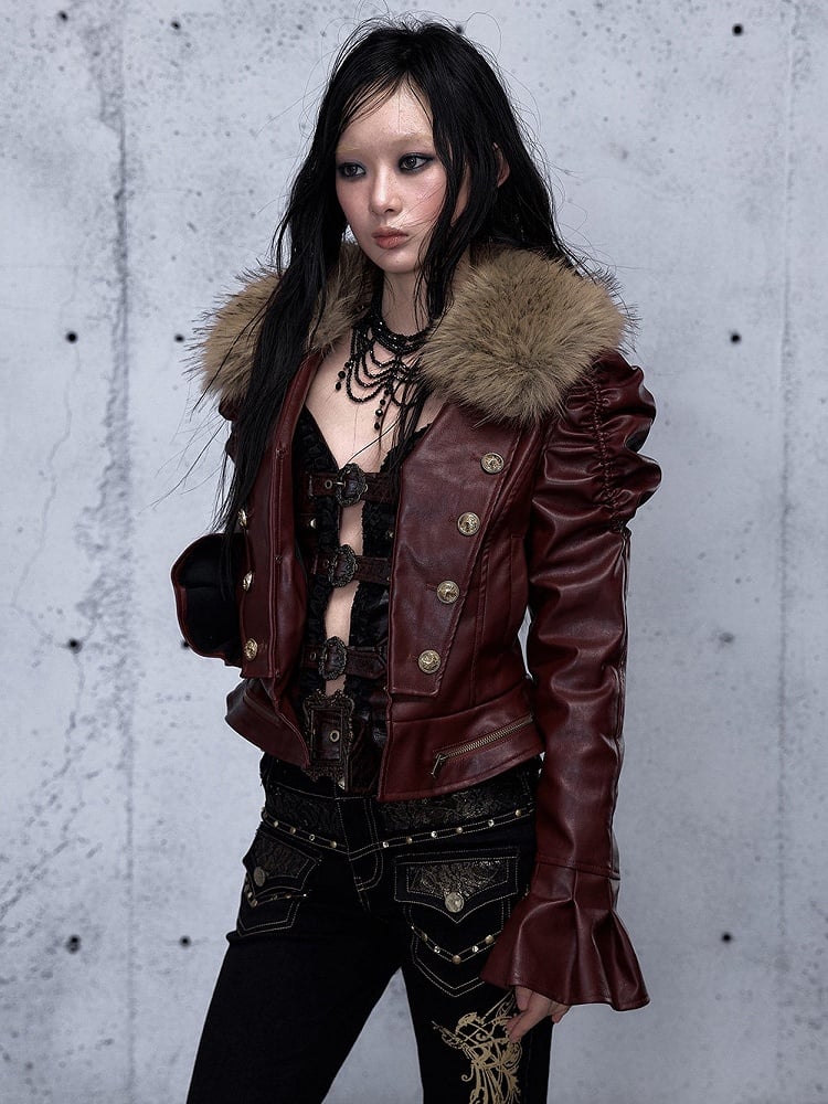 Rock Punk with Gathered Wine Details Red Jacket