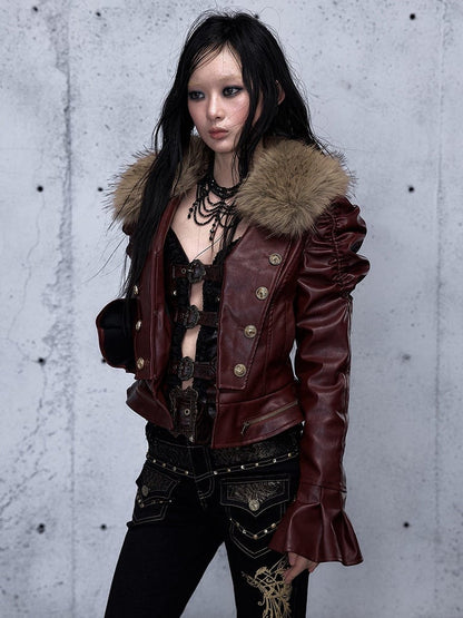 Rock Punk with Gathered Wine Details Red Jacket