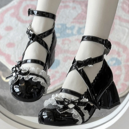 Leather Ruffles Lolita Double with Top PU Black Heels Fashion Block Lace Shoes High