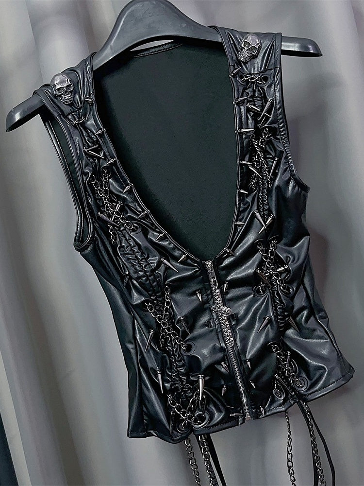 ブラックの留め具とスタッドで飾られたジッパークロスチャームスケルトンY2K