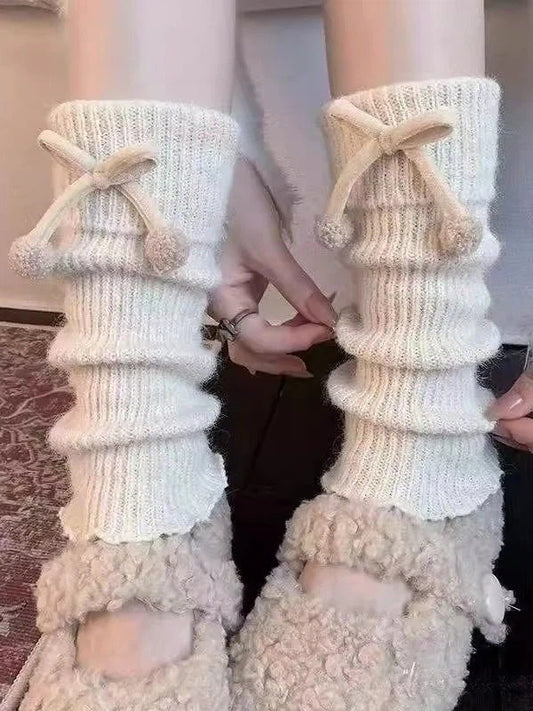Knit Fluffy Leg Warmers Bow Cream) (Color: