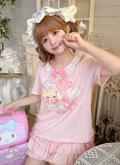 ピンクの伸縮性ウエスト、蝶結び、サイドアクセント、ティアードフリル、ブルマー