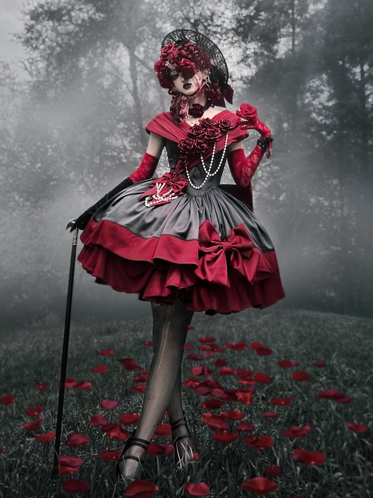 Red Black Roses Off-Shoulder Boned Lolita Set - Treasure Box Factory