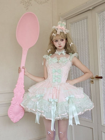 Pink & Green Multi-Layer Lace Lolita JSK Dress - Miss Han