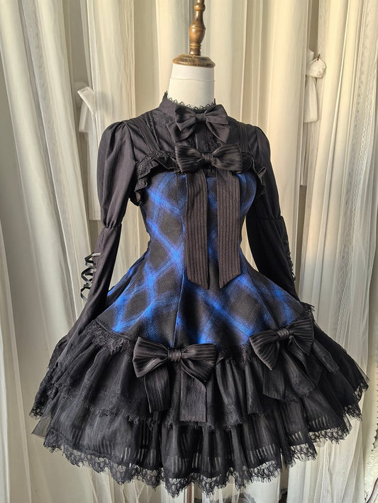 Blue Plaid Black Bows Decorated Double Layered Hemline Gothic Lolita Jumper Skirt