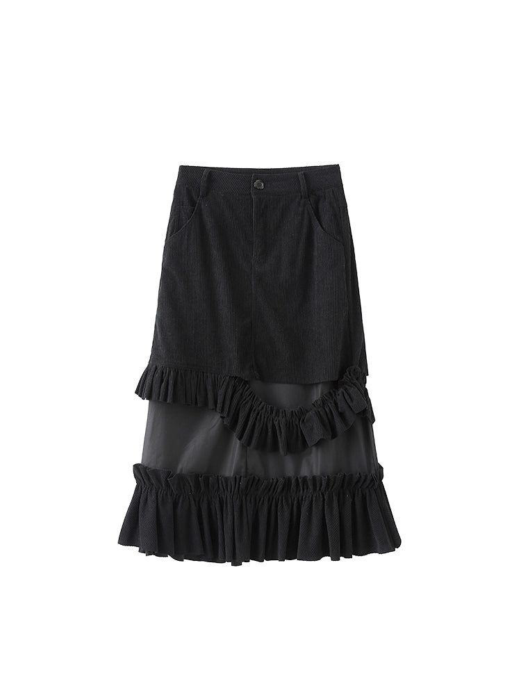 Corduroy Black Ruffle Elegant Hem with Deconstructed A-Line Skirt