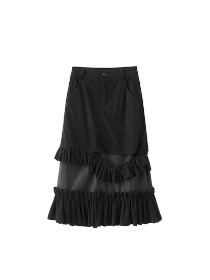 Corduroy Black Ruffle Elegant Hem with Deconstructed A-Line Skirt